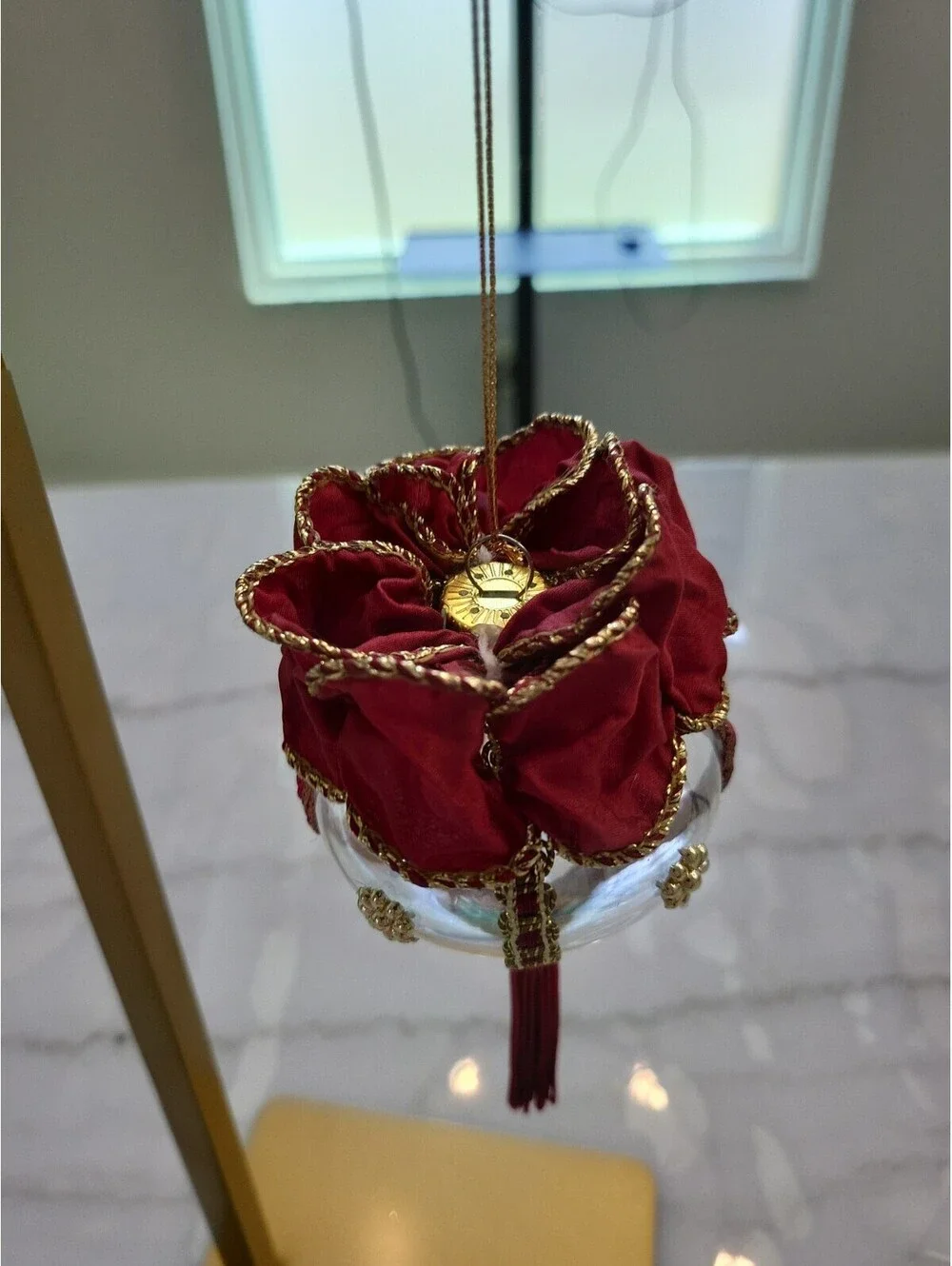 Vtg Glass Handmade Finial Christmas Ornament Glass 6” OOAK Burgundy & Gold